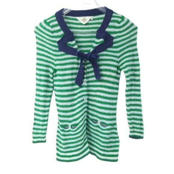 Anthropologie HWR Green White Striped Puff Sleeve Navy Blue Tie Neck Cardigan XS - Picture 7 of 11